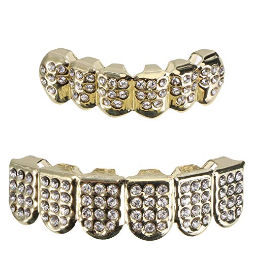 EXCEART Hip Hop Teeth Grills Fake Punk Hip Hop Zähne Mund Oben Unten Diamond Strass Zähne Grillz Halloween Musikfestival Party Hip Hop Rapper Kostüm Zubehör Dekoration Ornament Golden