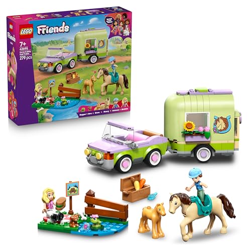 LEGO Friends Pferd und Fohlen mit Pferdeanhänger - Pferde Spielset mit Pflegezubehör, 4 Tierfiguren, Auto & 2 Mini Puppen - Geschenkidee zum Geburtstag für Mädchen ab 7 Jahren - 42695