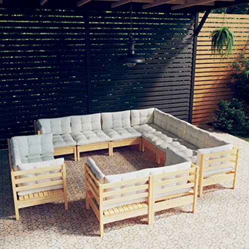 WHOPBXGAD Gartenmöbel-Set, lässig, Gartenmöbel, 11-teilig, mit cremefarbenen Kissen, solides Kiefernholz, geeignet für Gärten, Terrassen