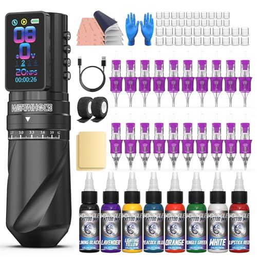 Wormhole Tattoo Set Tattoo Maschine Set – 7 Einstellbare Hubhöhen, 2300 mAh Akku kabellos Tattoo Pen mit Normal/Jump-Start/Dot Modus mit LED Display-WTK381