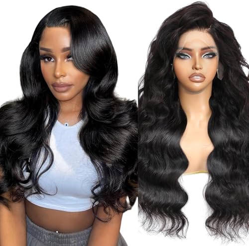 Smilenice Echthaar Perücke 13x6 Body Wave HD Transparent 200% Dichte Lace Front Wig Human Hair Wigs Perücke Damen Echthaar for Black Women 24 Zoll