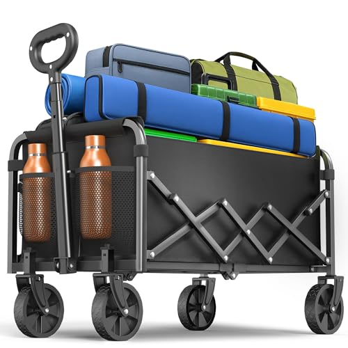 SURFOU Bollerwagen faltbar 100kg belastbar & 120L Volumen | Mit 360° All-Terrain Reifen | Robustes Stahlchassis & Wetterfeste Plane | Ideal für Camping, Strand und Festival (Schwarz)