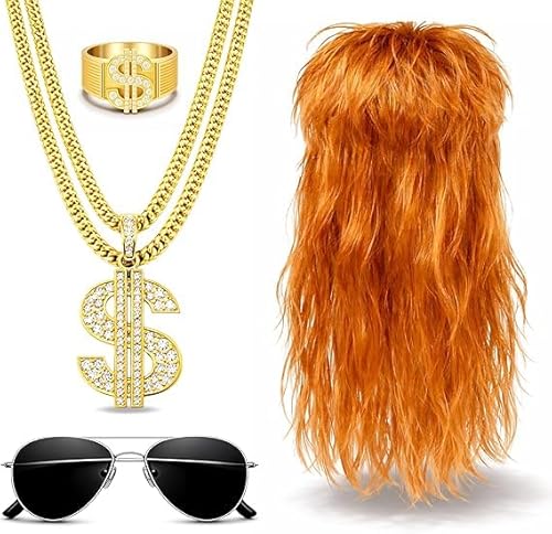 4 in 1 Vokuhila 80er 90er Kostüm Set - Goldkette, Brille mit Assi Perücke & Dollar Ring für Fasching & Karneval - Herren & Damen