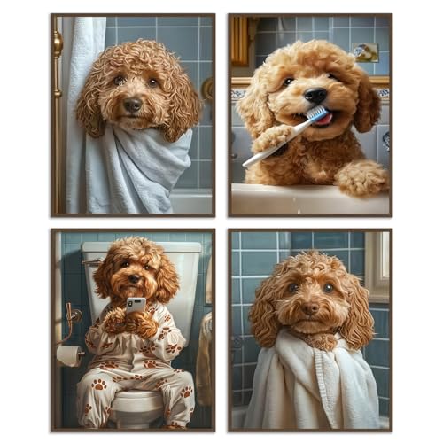 Dazzlewall 4er Set Komische Hund Badezimmer Wandkunst, Süßer Pudel Wandbilder für Toilette Badezimmer Ohne Rahmen 20x25 cm