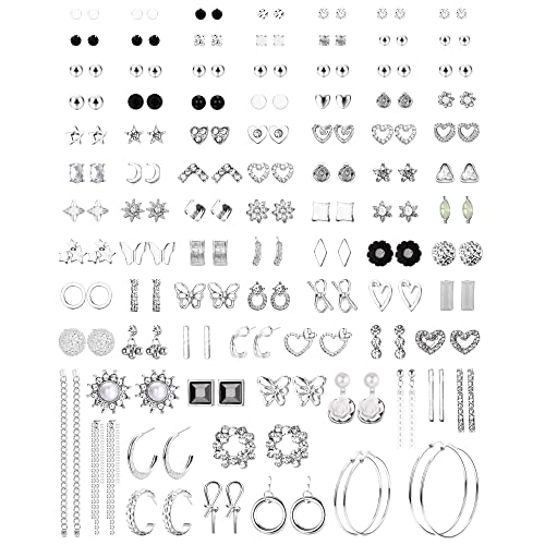 Adramata 90 Paar Ohrringe Set Ohrstecker für Damen Verschiedene Ohrring Set Lang Baumelnd Tropfen Hängend Ohrring CZ Perlenohrringe Creolen Gold Silber Ohrringe für Damen Mädchen