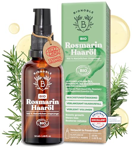 Bionoble Rosmarinöl Haare Bio - Fördert Haarwachstum & Verlangsamt Haarausfall - Mit Rosmarinöl & Rizinusöl - Haaröl Rosmarin - Rosemary Oil for Hair Growth - Glasflasche, Pipette + Pumpe - 50 ml