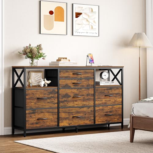 Hzuaneri Kommode 140 cm, 2 USB & 2 AC-Anschlüssen, Kommode mit 8 Schubladen aus Stoff, Vielseitiges Aufbewahrungsmöbel für Wohnzimmer und Schlafzimmer, 30 x 140 x 86 cm, Vintage DU03801BEU