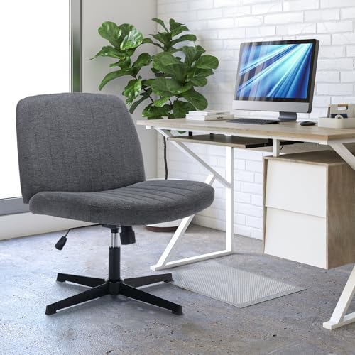 COLAMY Breiter Bürostuhl, Gepolsterter Armloser Schreibtischstuhl Drehbarer Home Office Stuhl 115° Wippfunktion Ergonomischer Computerstuhl für Home Office, Schminken, Gaming (Kreuzfuß, Dunkelgrau)