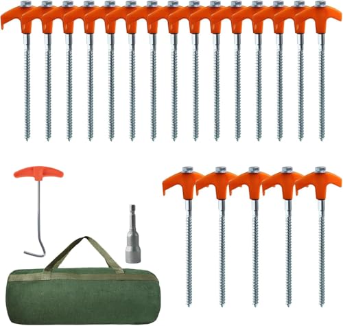 20Pcs Schraubheringe, Zelt-Heringe, aus Stahl Camping Zeltheringe Set, Heringe Erdnägel Stabil Zelt Erdanker mit Nagelzieherfür and Tasche für harten Boden, Wald, Wiesen, Felsen