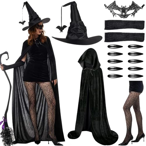 AXERHK Hexenkostüm Damen, Halloween Kostüm, 15 Stück Hexen Zubehör Mit Hexenhut Umhang Spitzen-Augenmaske Spinnenärmel Netzstrümpfe Nagelaufkleber, Hexenkostüm für Halloween Fasching Cosplay Party