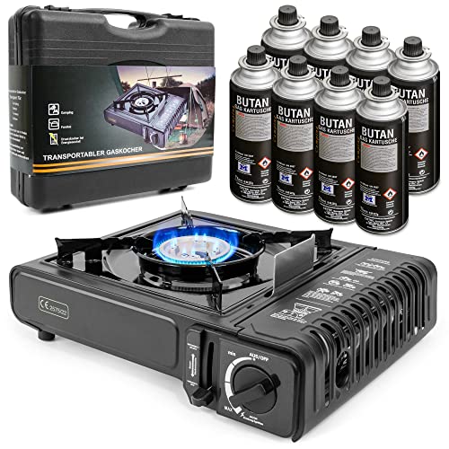 Greenpoint Gaskocher + 8 Gaskartuschen - Campingkocher ink.Tragekoffer mit 8 Gaskartusche, Gaskocher mit Kartusche, Campingkocher mit Kartusche Camping Gas Stove