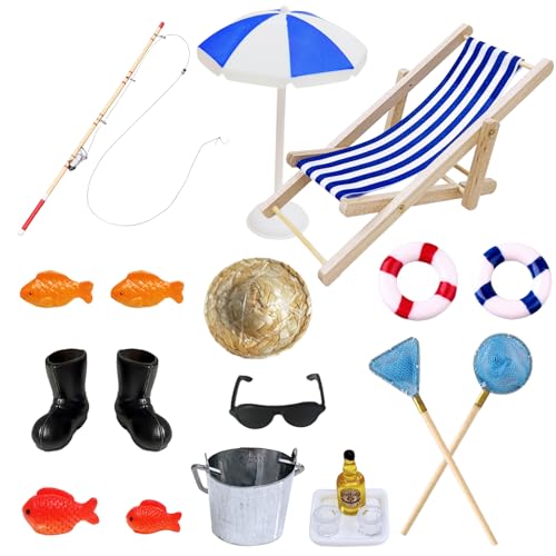 Xerteam 21 Stück Wichtel Angelrute Set, Miniatur Zubehör Puppenhaus Deko, Sommer Strand Mini Liegestuhl Deko mit Schwimmringe, Sonnenschirme, Fischernetze, Miniaturen 1:12 Puppenhäuser Geschenk