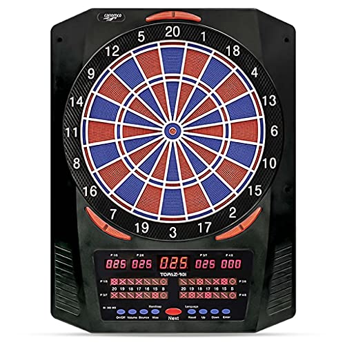 Carromco Elektronische Dartscheibe Topaz-901 – Softdartboard mit 2-Loch-System, rot-blau, 1–8 Spieler, Netzteil, Softdarts – 40 Spiele & 761 Spielvarianten (u.a. Cricket)