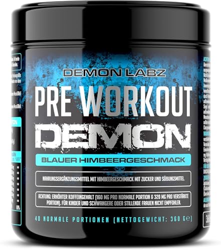 Pre Workout Demon - BLAUER HIMBEERGESCHMACK - Pre Workout Booster mit Kreatin, Beta Alanin, Taurin & Koffein - Trainingsbooster - Klimaneutral & Made in Germany (360g)