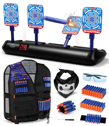 Lehoo Castle Zielscheibe für Nerf Pistole, Zielscheibe Elektrisch mit Nerf Weste, 60 Darts, Spielzeug ab 3 4 5 6 7 Jahre Jungen, Indoor & Outdoor Spiele für Kinder
