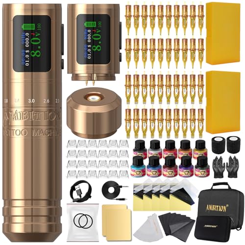 Ambition C1 Tattoo Maschine Set für Anfänger Kabellose Rotary Tätowiermaschine mit 7 Einstellbaren Hublängen, Dual 1900 mAh Akku