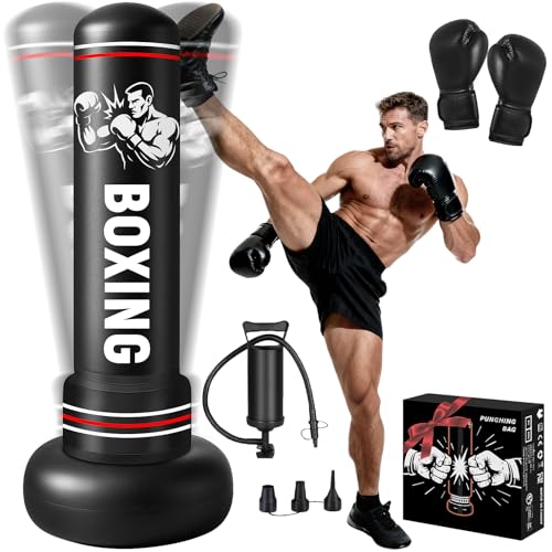 Boxsack Erwachsene, 190cm Schwerer Boxsack Stehend mit Boxhandschuhen und Luftpumpe, Aufblasbar Standboxsack für Teenagern und Erwachsenen Training Taekwondo MMA Muay Thai Zuhause Fitnessstudio