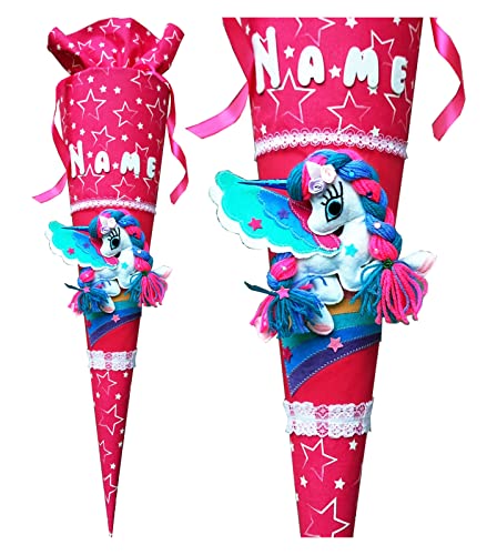 Schultüte mit Einhorn passend zum ergobag CinBärella, Leuchtenden pink mit weiße Sterne, Wunschname,genäht