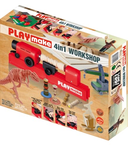 PLAYMAKE 4in1 Workshop - Kreativwerkstatt für Kinder ab 5 Jahren - Technikspielzeug für Holz und Karton - Sicheres Werkzeug für Kinder - 4 Funktionen in einem Spielzeug - Made in Austria