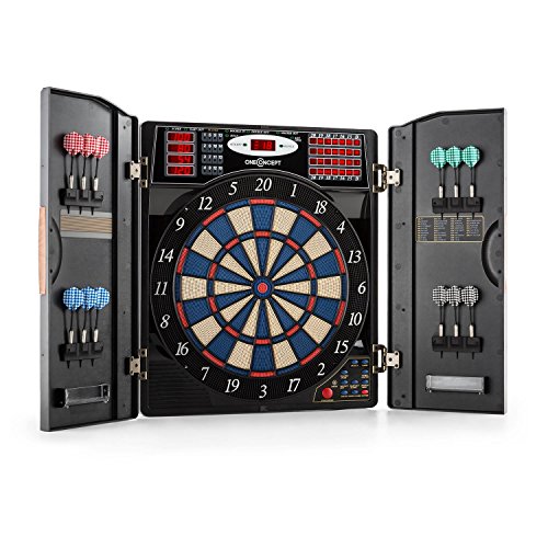 OneConcept Masterdarter - Dartautomat elektronisch, Dartboard, E-Darts, Dartautomat mit Spielcomputer, 38 Verschiedene Spiele, 211 Spielvarianten, bis zu 16 Spieler, virtueller Gegner, Holzoptik