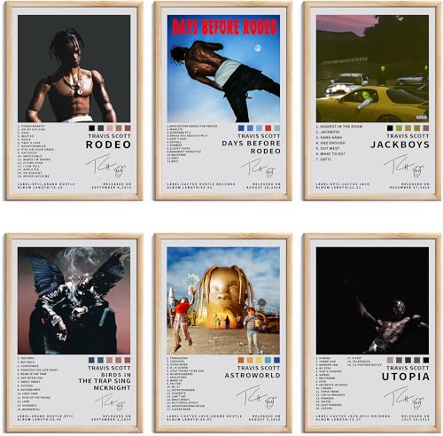 Travis Scott Poster - Signierter Rapper, Musik, Limitierte Albumcover-Drucke, Leinwand, Wandkunst, 6er-Set für Zimmer, Ästhetische Dekoration, Klassenzimmer, Schlafzimmer