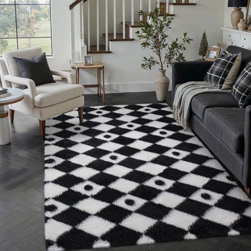 HUGEAR Flauschig Teppich Wohnzimmer 120x180 Teppiche Schwarz Weiß Shaggy rutschfest Rautenmuster Carpet Kinderzimmer MäDchen Junge Schlafzimmer Hochflor Weich