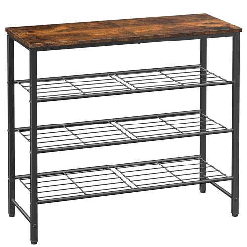 Kitsure Schuhregal mit Holzplatte, platzsparende Schuhregal aus Metall, langlebiges Aufbewahrung für Kleiderschrank, Eingangsbereich, Flur, 29 x 75 x 63 cm, Vintagebraun