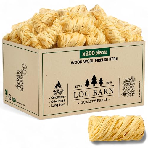 Log Barn Natürliche Anzündwolle - 200 Stück, Öko Anzünder Holzwolle für Holzöfen, Pizzaöfen, offene Feuer, Kaminanzünder und Grillanzünder - Echtes Log Barn Anfeuerholz (200 PC)