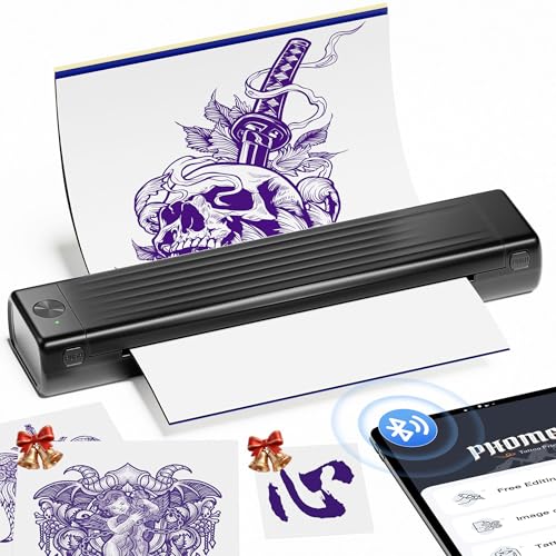 Itari A886 Tattoo Stencil Drucker Bluetooth, Schablone Drucker Kompatibel mit Smartphone & PC, Thermodrucker Tattoo Maschine Plotter mit 10 Blätter Papier für Anfänger und Künstler, Schwarz