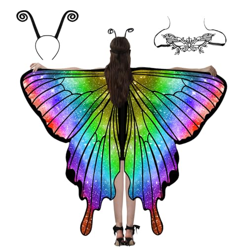 Huanuoda Schmetterling Kostüm Damen,Karneval Kostüm,Schmetterling Umhang Schal,halloween kostüm damen,Fasching Kostüm Mit Maske Stirnband,Fee Kostüm für Cosplay Karneval Halloween Weihnachte (grün)