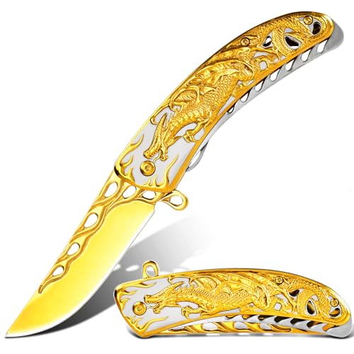 Vividstill golden Drache Klappmesser für Männer, cool Titanplattiert Prägen 3D Drache Taschenmesser, gute Geschenk Edc Messer für Männer Outdoor Überleben Camping