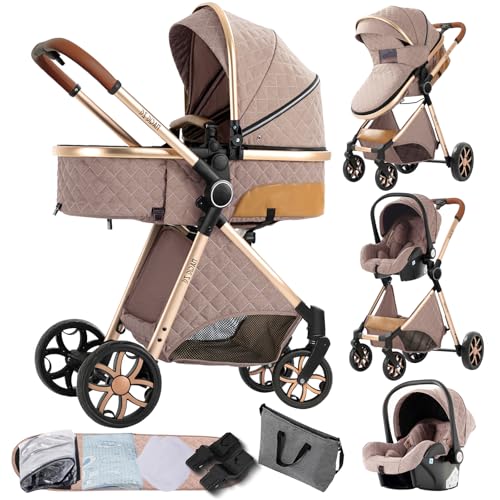 3 in 1 Kinderwagen,kinderwagen set,verstellbarem Verdeck und Aluminiumrahmen(Khaki)