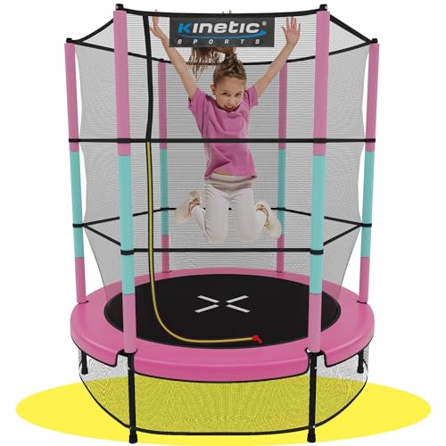 KINETIC SPORTS Kinder Trampolin Jumper 140 cm - Inklusive Gummiseil Federung, Sicherheitsnetz mit Reißverschluss, Rahmenpolster, Schutz Bodennetz - Indoor Kindertrampolin Spielzeug