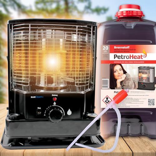 Bluecraft Petroleumofen Heizung ZT-85 inklusive Handpumpe und Petroleum 20 L Kanister | Dochtofen | Camping-Heizung | Notheizung ohne Strom