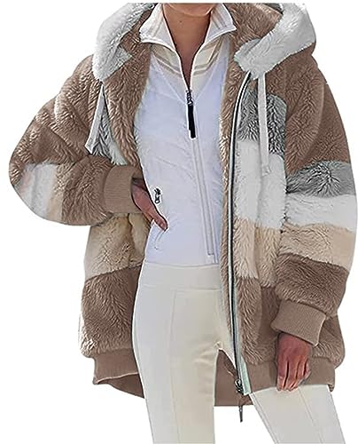 Livonmone Fleecejacke Hoodie Damen Kapuzenpullover Teddy-Fleece Warm Herbst Wintermantel Stilvoller ReißVerschluss Fellmantel PlüSchjacke Mit Taschen (Braun, XL)