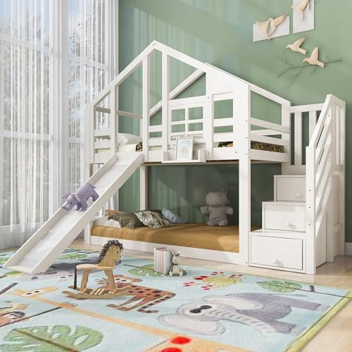 LATICO Kinderbett Etagenbett 90x200 cm für 2 Kinder, Hausbett Hochbett mit Rutsche & Treppe Staufach Stauraum, Holzbett Bettgestell mit Rausfallschutz und Lattenrost, Fenster, Ohne Matratze, Weiß