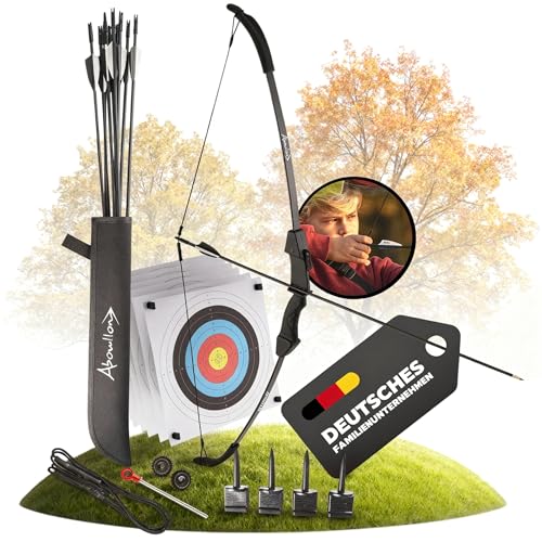 Abowllon® Pfeil und Bogen Kinder | Zielscheibe Bogenschießen Kinder | Sportbogen mit 10 Pfeilen, 6 Zielscheiben, Nylon Köcher | Bogenschießen Kinderbogen | Bow and Arrow