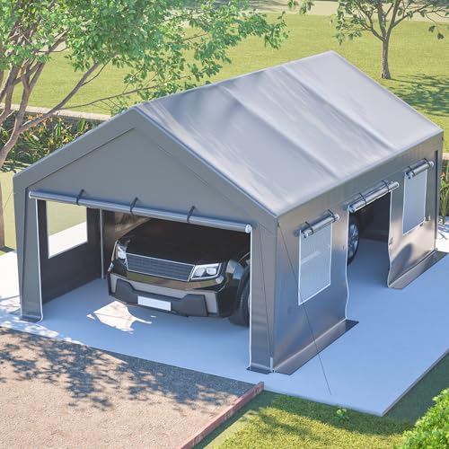 Zeltgarage Grau, Garagenzelt Winterfest 6x4x3 m, Carport Auto mit Roll-up-Fenster, Rollladentor und Wasserdichter Seitenwandabdeckung, Geräteschuppen für Auto, SUV, Boot, LKW (611 X 396 X 300 cm)