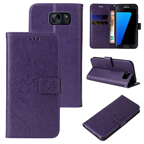 LBH Handy Hülle für Samsung Galaxy S7 Edge Case Handytasche Schmetterling Blumen Flower Standfunktion Schutzhülle Magnet Rundum Schutz 360 Grad Flipcase Cover Violett