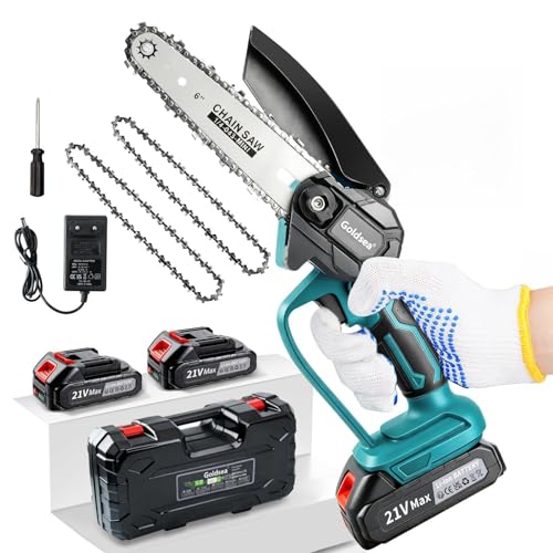 Mini Kettensäge mit Akku 6 Zoll, Goldsea Akku Kettensäge 2 x 3.0Ah 21V Akku Werkzeuglose Kettenspannung für Gartenscheren Astschere Holzschneidenz