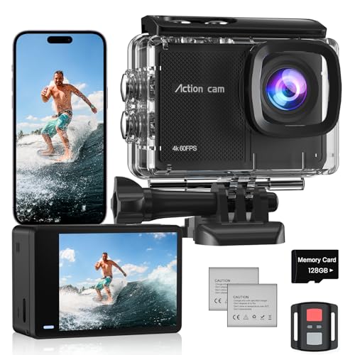 Camlance Action Cam Wasserdicht 4K60FPS mit 128GB Karte,131FT Unterwasserkamera 8X Zoom,WiFi Helmkamera 48MP, Stabilisierte Actionkameras mit Fernbedienung,2 * 1350 Batterien