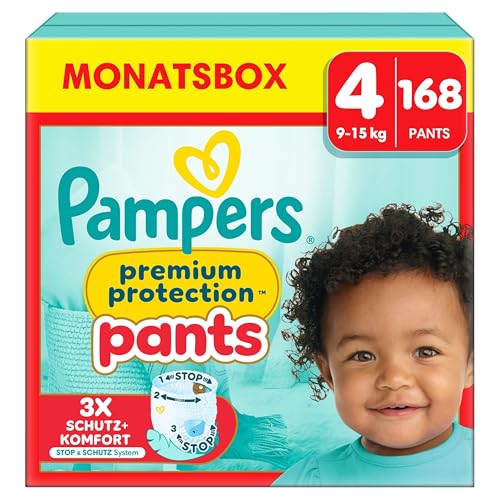 Pampers Premium Protection Pants Größe 4, 168 Windeln, 9kg-15kg, Mit 360° Passform und 2x breiteren Bündchen als vorher für unseren besten Komfort & Schutz