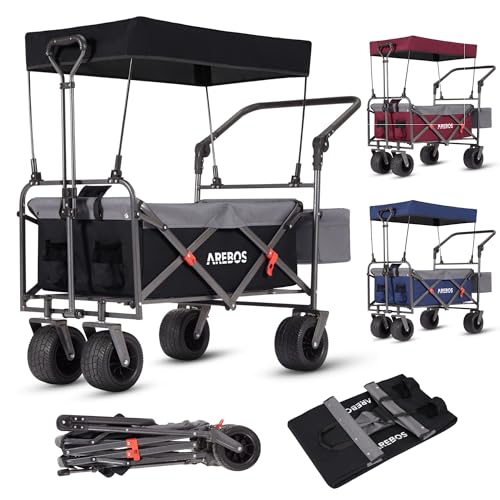 Arebos Bollerwagen faltbar mit Dach | Luxus Handwagen | Faltwagen | Transportwagen | XXL Tasche | klappbar | bis 100 kg | Gerätewagen | 360° Vorderräder | Schwarz