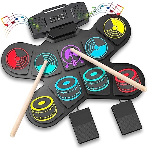 E Drum Set, Uverbon Elektronisches Schlagzeug Kinder Farbtrommelset mit USB-Aufladung Bluetooth MIDI Eingebaute Lautsprecher Roll Up Drum Kit für Kinder, Weihnachts und Geburtstagsgeschenk