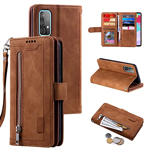 EYZUTAK Handyhülle für Samsung Galaxy A52/A52S 5G,Flip Case Lederhülle Reißverschluss Magnetverschluss Brieftasche mit 9 Kartenfächern Standfuntion Retro Matt Ledertasche-Braun