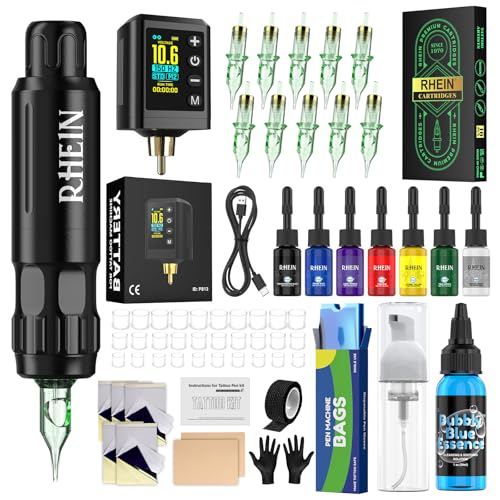 RHEIN Wireless Maschine Set mit 1600mAh Mini Akku 4 Memory-Modi STD/NPS 10 Stück Cartridges 7 Farben Komplettes Machine Zubehör Set RN-TKP603AEU-1