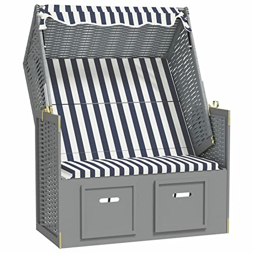Bounv Strandkorb Nordsee mit Dach 2-Sitzer 3-Fach Verstellbare Rückenlehne Strandkörbe Strandstuhl mit Ausziehbare Fußhocker Poly Rattan und Massivholz Blau und Weiß