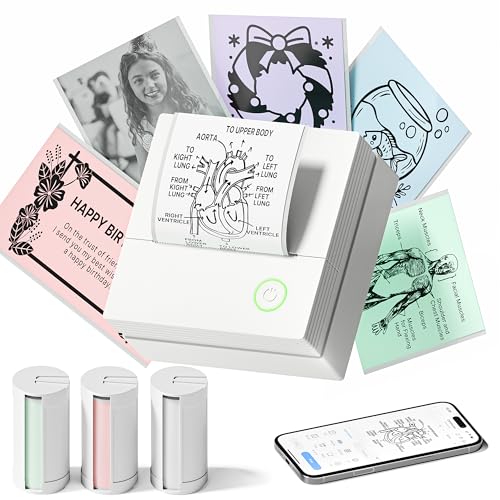 TYPONOS Sticker Drucker, PM290 Mini Drucker für Smartphone, Bluetooth Thermodrucker Mini mit 3 Rollen Papier, Minidrucker für Studiennotizen, Tagebücher, DIY Geschenke – Schule Büro, Weiß, 1 Pack