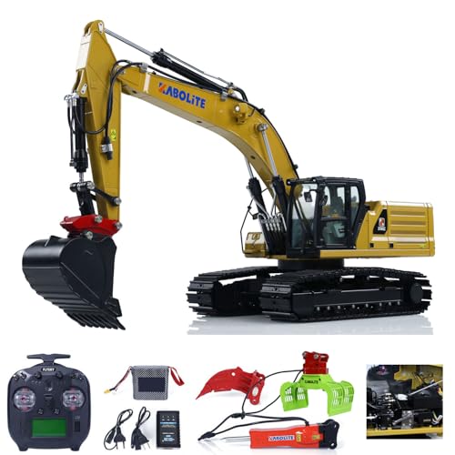 wheelfun-Kabolite K961 100S PRO 1/18 RC hydraulischer Bagger: Ready-to-Run (RTR) Flysky ST8-Funksteuerung 2S-Batterie. Mit doppelter Schnellverschraubung elektrischer Greifer Brecher Gelb lackiert