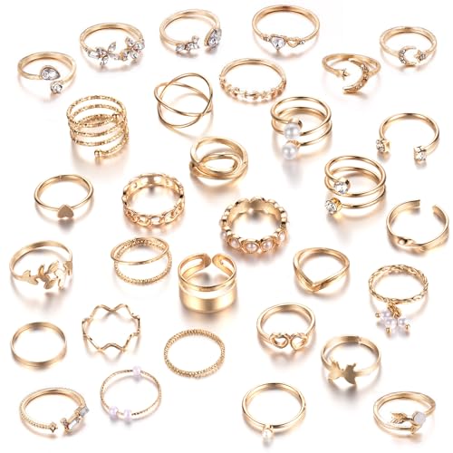 JSTHHTT 31 Stück Ringe Set für Damen - Boho Gelenk & Fingerringe, Knöchel & Daumen Ringe, Stapelbare Midi Ringe - Ideal für Geburtstagsfeiern & Abschlussbälle - Gold